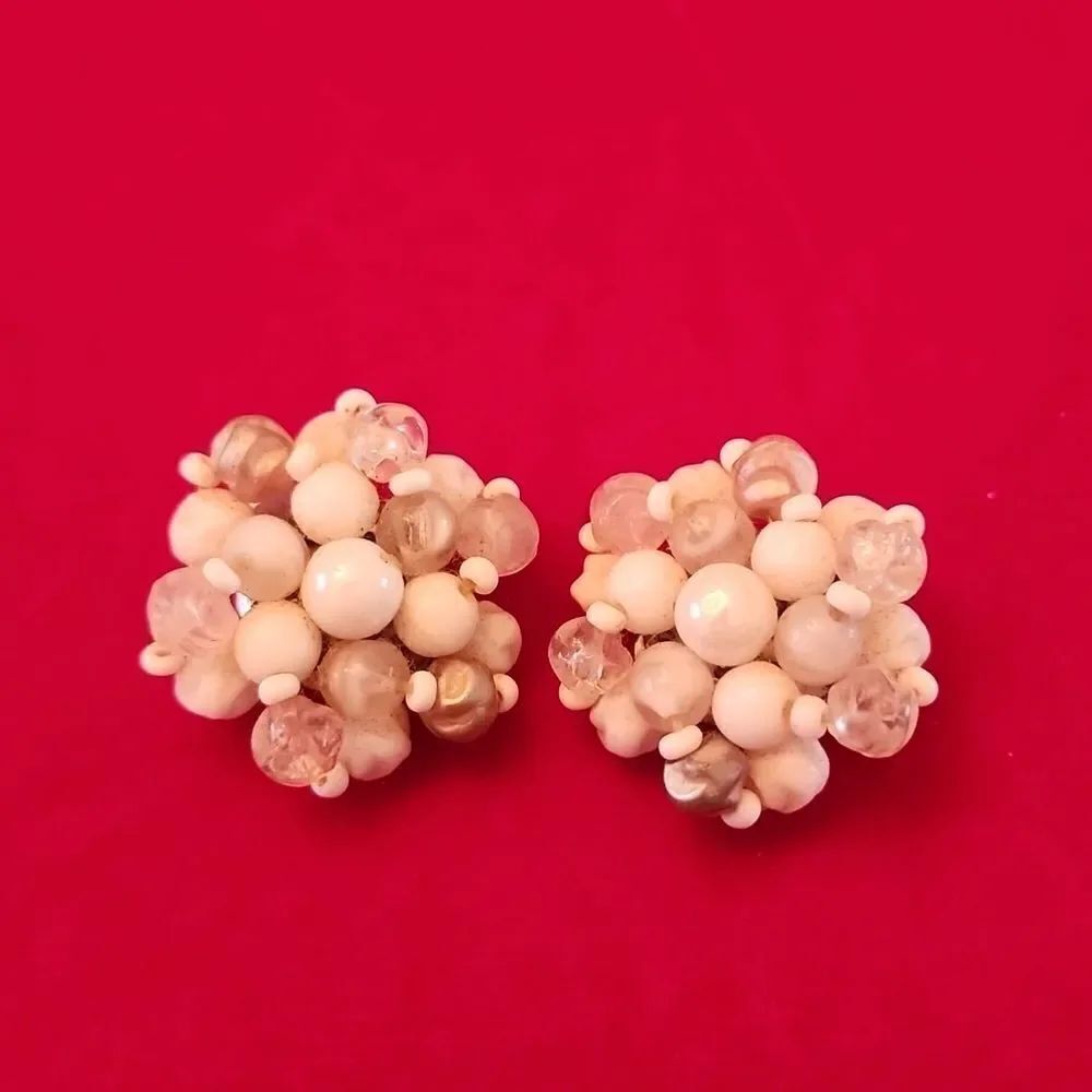 Vintage Western German Pearl White and Clear Beaded Clip-on Earrings